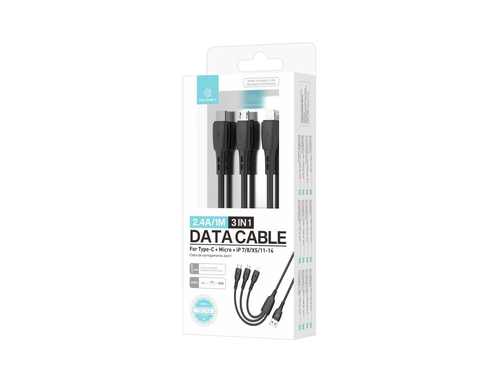 Techancy Cabo 3 em 1 TB1742, 2.4A, 1m Preto, USB-C/Micro/Lightning, CompatIvel com Dispositivos Diversos, Design Resistente