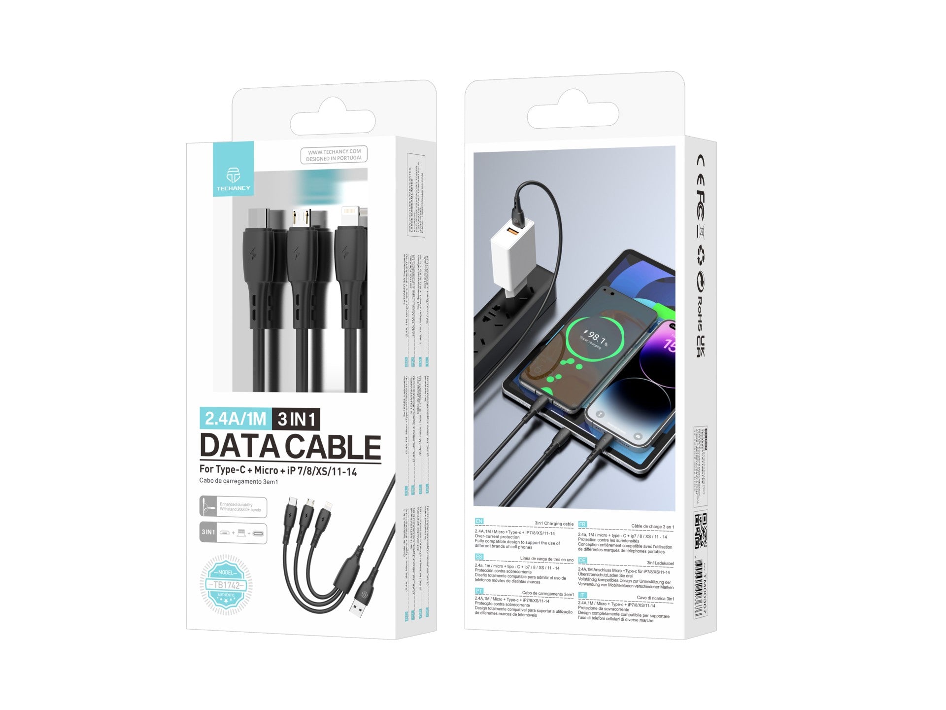 Techancy Cabo 3 em 1 TB1742, 2.4A, 1m Preto, USB-C/Micro/Lightning, CompatIvel com Dispositivos Diversos, Design Resistente
