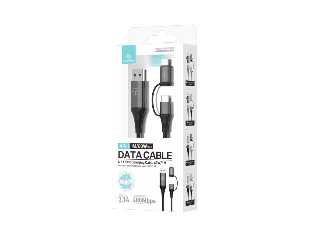 Techancy Cabo De Dados Multifunções 4 Em 1 Preto TB1740, 60w/1m, Usb/Usb C Para  Tipo C/Lightning, Suporta Transmissão De Dados