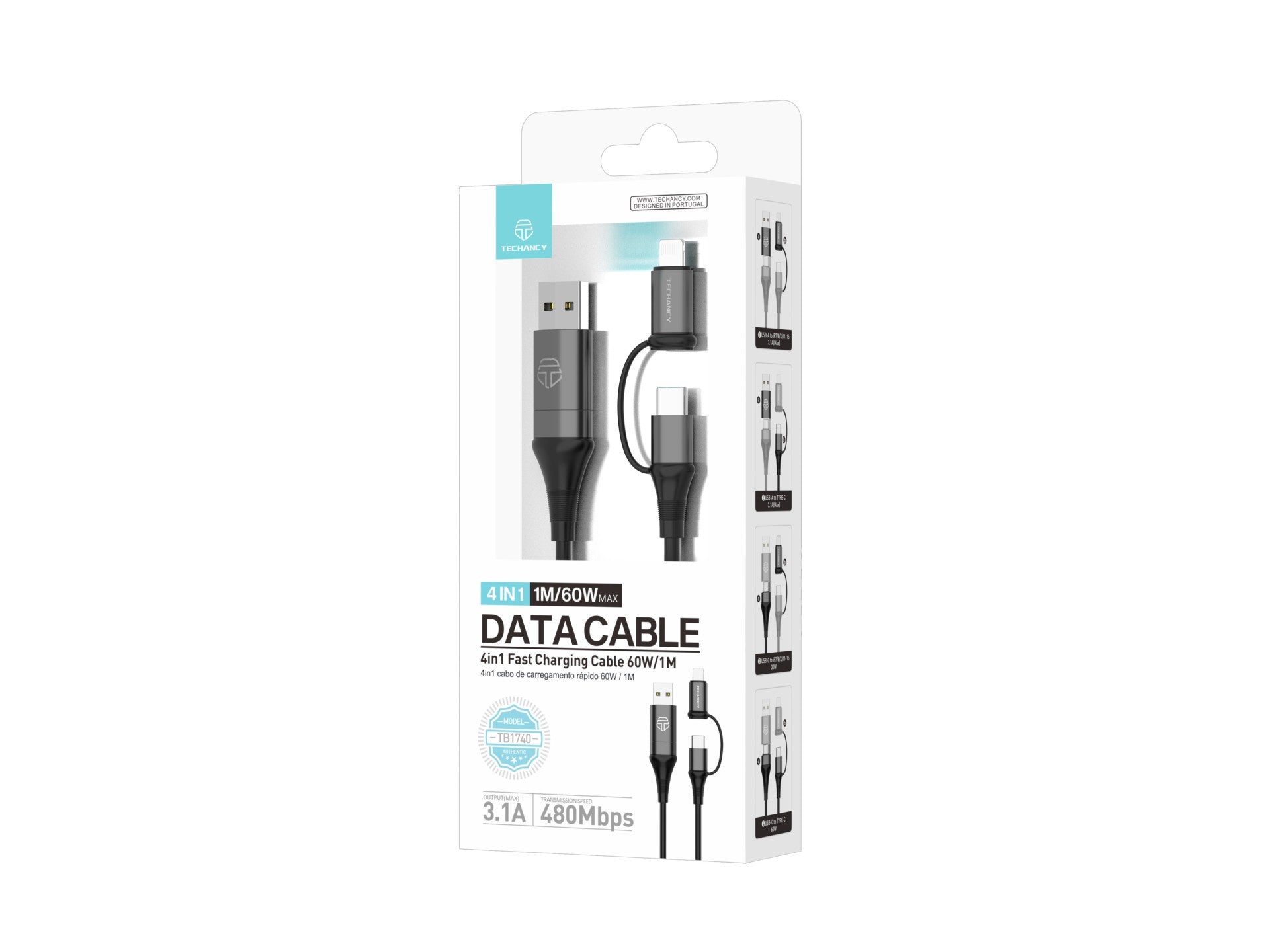 Techancy Cabo De Dados Multifunções 4 Em 1 Preto TB1740, 60w/1m, Usb/Usb C Para  Tipo C/Lightning, Suporta Transmissão De Dados